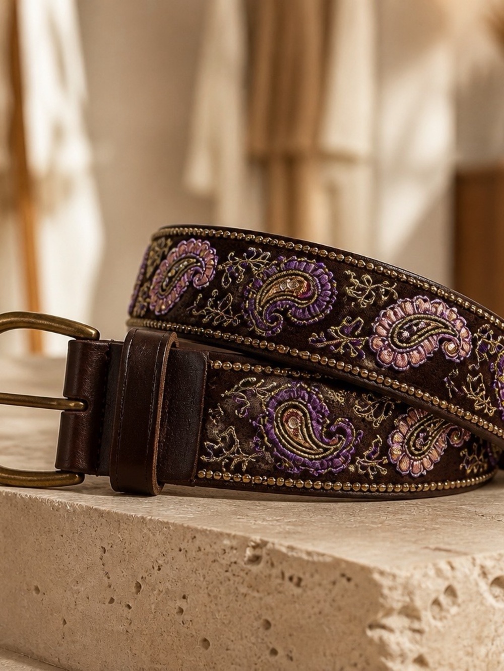 Handcrafted Brown Leather Belt with Purple Paisley Embroidery